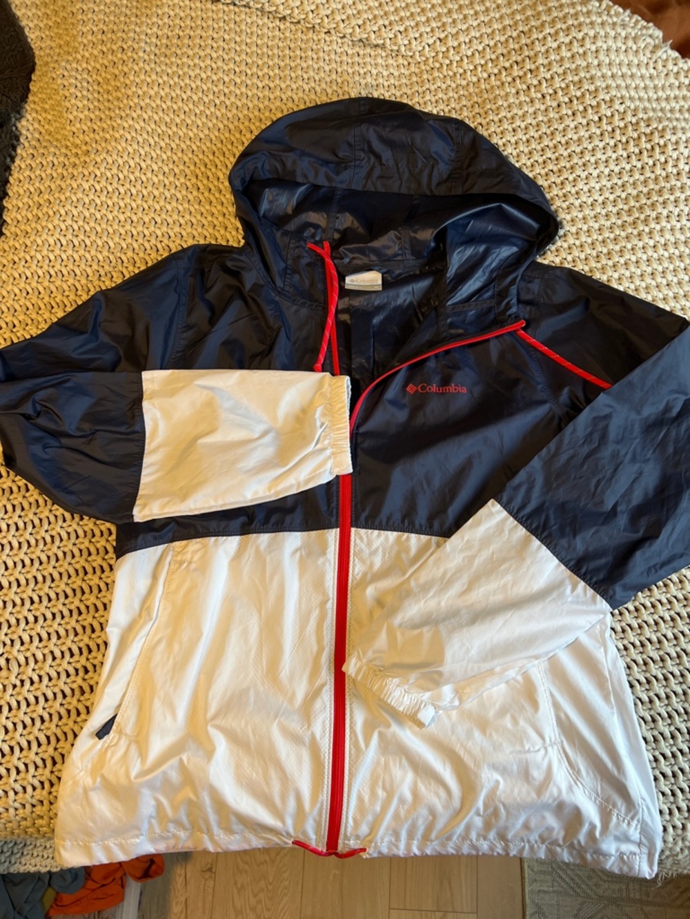 Columbia Navy and White Windbreaker Jacket with Red Trim